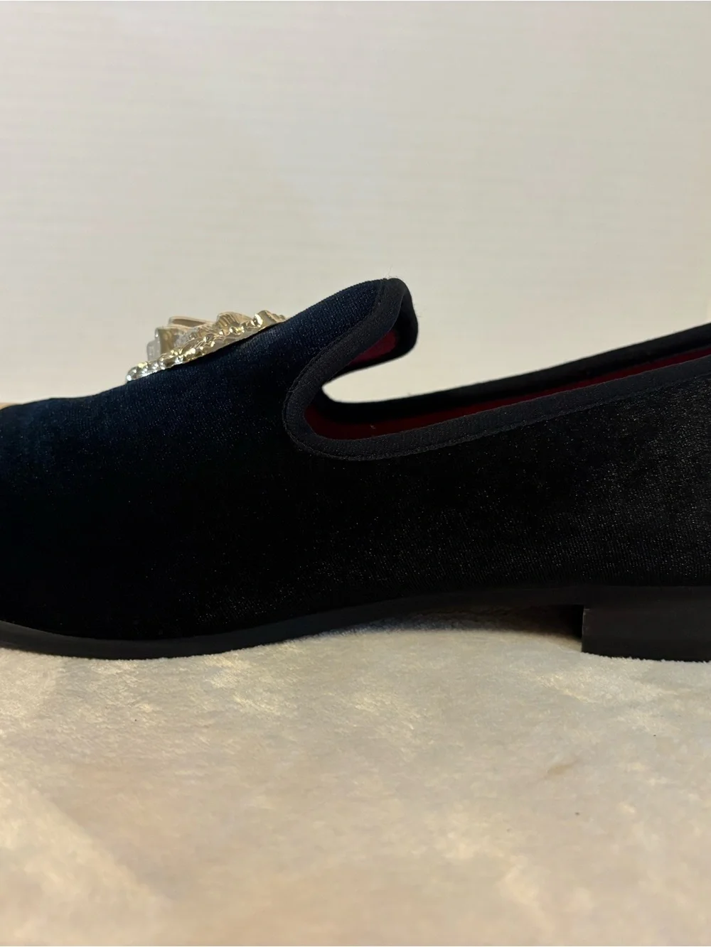 Tai Black Velvet Loafers with Gold Medallion and Gold Toe Accent